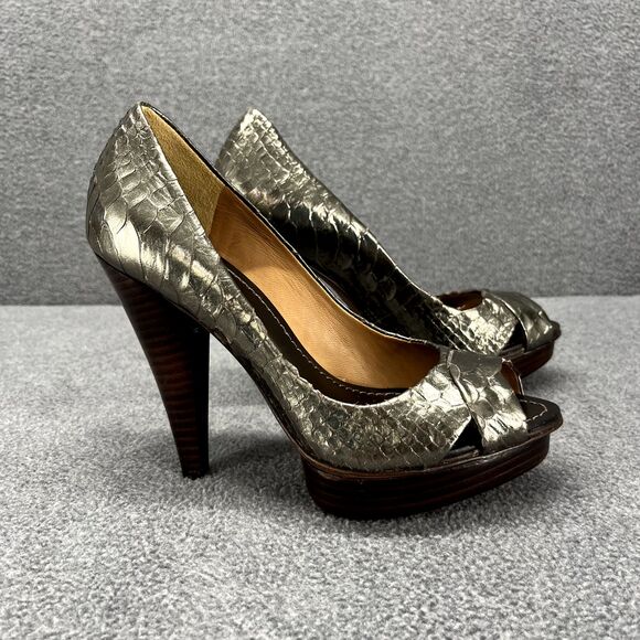BCBG Maxazria Heels womens 5.5B Snake‎ Skin Metalic Peep Toe Pumps 4" - Picture 1 of 14